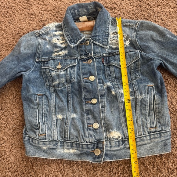 Levis Distressed Crop Denim Jacket Destructed Cotton Trucker Red Tab S - Picture 7 of 8